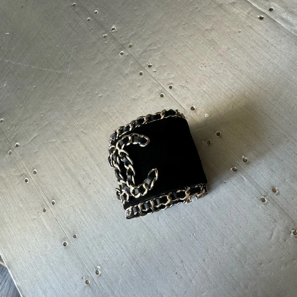 Chanel black suede chain cuff logo bracelet rare Preowned authentic